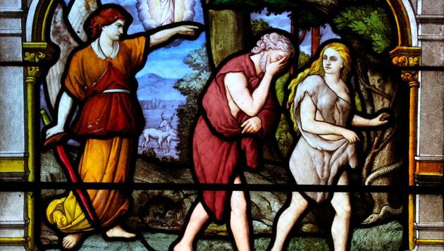 Adam and Eve banished from the Garden of Eden (on stained glass, 1887) by Charles Lorin.(Getty Images/iStockphoto)