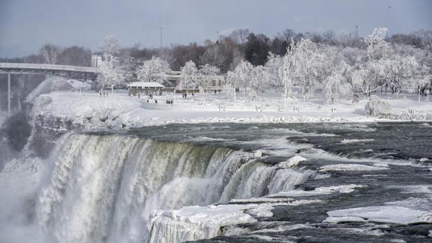 The frozen over American Falls and Prospect Point are seen from Goat Island on the American side. The westerly wind usually blows the mist toward the US side where the condensation wraps every inch of the landscape. (James Neiss / The Niagara Gazette via AP) The frozen over American Falls and Prospect Point are seen from Goat Island on the American side. The westerly wind usually blows the mist toward the US side where the condensation wraps every inch of the landscape. (James Neiss / The Niagara Gazette via AP)