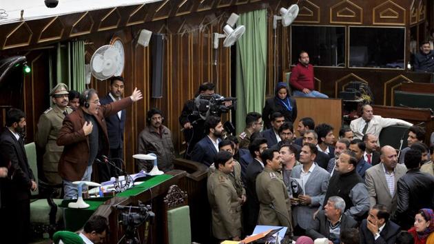 National Conference and Congress MLAs protested inside the J&K Legislative assembly and staged a walkout in the middle of the governor’s address during the budget session in Jammu on Wednesday. ( Nitin Kanotra / HT Photo)