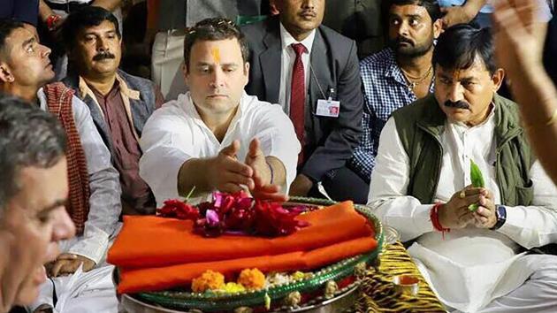 Congress President Rahul Gandhi offering prayers at the Somnath Temple in Gujarat (PTI) Congress President Rahul Gandhi offering prayers at the Somnath Temple in Gujarat (PTI)