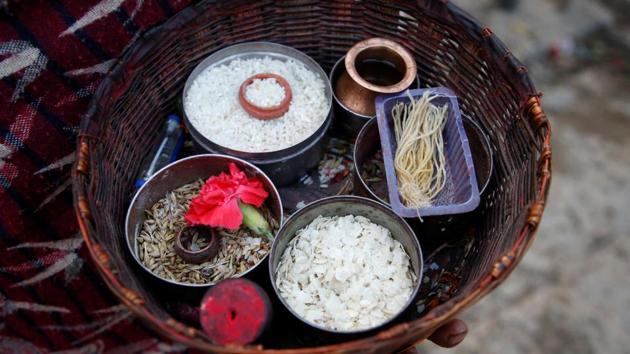 A basket holds offerings of grains used during the festival. The 30-day fast called ‘brata’ in the local Newari and Nepali languages is voluntary and some men also undertake it seeking the welfare of their families. (Navesh Chitrakar / REUTERS) A basket holds offerings of grains used during the festival. The 30-day fast called ‘brata’ in the local Newari and Nepali languages is voluntary and some men also undertake it seeking the welfare of their families. (Navesh Chitrakar / REUTERS)