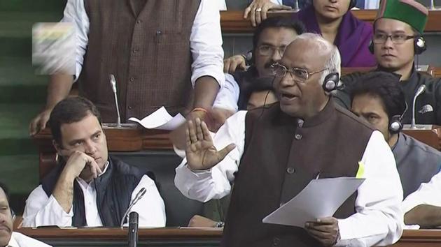 Congress leader Mallikarjun Kharge speaks in the Lok Sabha in New Delhi on Wednesday, during the winter session of Parliament. (PTI Photo / TV GRAB) Congress leader Mallikarjun Kharge speaks in the Lok Sabha in New Delhi on Wednesday, during the winter session of Parliament. (PTI Photo / TV GRAB)