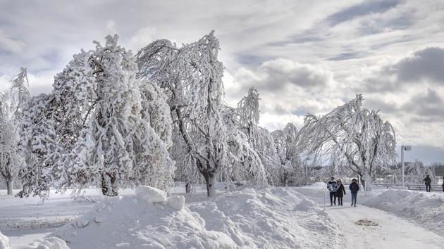Visitors walk at a frozen Niagara Falls in view from Stedman’s Bluff on Goat Island of the American Falls on January 02, 2018. Visitors at Niagara Falls State Park are currently being treated to a winter wonderland as mist from the falls coats trees, walkways, cliffs in a dreamy, brilliant white. (James Neiss / The Niagara Gazette via AP) Visitors walk at a frozen Niagara Falls in view from Stedman’s Bluff on Goat Island of the American Falls on January 02, 2018. Visitors at Niagara Falls State Park are currently being treated to a winter wonderland as mist from the falls coats trees, walkways, cliffs in a dreamy, brilliant white. (James Neiss / The Niagara Gazette via AP)
