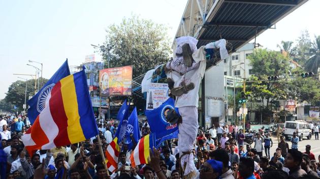 Dalit protestors react as the bandh is announced by Prakash Ambedkar, in protest of Bhima Koregaon violence in Pune, on Wednesday, January 3, 2018. (Shankar Narayan/Hindustan Times) Dalit protestors react as the bandh is announced by Prakash Ambedkar, in protest of Bhima Koregaon violence in Pune, on Wednesday, January 3, 2018. (Shankar Narayan/Hindustan Times)