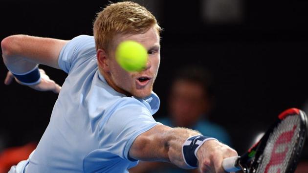 Kyle Edmund returns to Chung Hyeon in their men's singles second round match of the Brisbane International tennis tournament at Pat Rafter Arena in Brisbane on Thursday. (AFP) Kyle Edmund returns to Chung Hyeon in their men's singles second round match of the Brisbane International tennis tournament at Pat Rafter Arena in Brisbane on Thursday. (AFP)