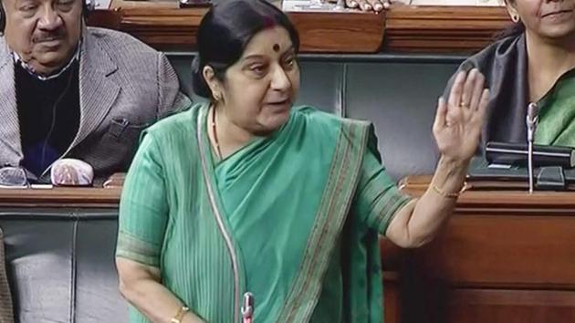 External affairs minister Sushma Swaraj in Lok Sabha on Wednesday, during the winter session of Parliament.(PTI)