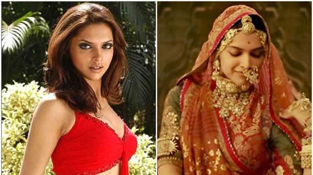 (Left) Deepika Padukone in a still from her first film Aishwarya (Kannada) and (right) a scene from Padmavat. (Left) Deepika Padukone in a still from her first film Aishwarya (Kannada) and (right) a scene from Padmavat.