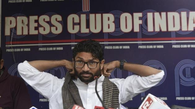 Jignesh Mevani at Press club, New Delhi denied making any inflammatory speech in Pune and said he was being targeted by the BJP and the RSS. (Vipin Kumar / HT Photo) Jignesh Mevani at Press club, New Delhi denied making any inflammatory speech in Pune and said he was being targeted by the BJP and the RSS. (Vipin Kumar / HT Photo)