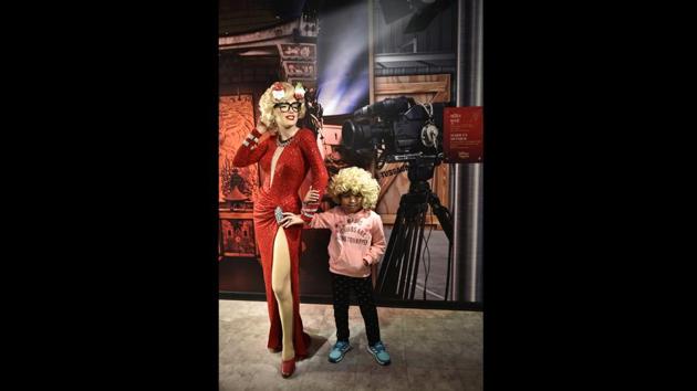 A child poses with a wax figure of Marilyn Monroe at Madame Tussauds. A total of 50 statues (60 per cent of the display is Indian content) stand at various spots in this “attraction centre”. An obvious miss seems to be the reigning superstar of Bollywood – Shah Rukh Khan. Aamir Khan is not here either. India’s first Prime Minister, Jawaharlal Nehru, is another absence. (Sanchit Khanna / HT Photo)