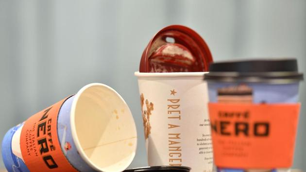 Disposable coffee cups left on a table in a cafe in central London. (AFP) Disposable coffee cups left on a table in a cafe in central London. (AFP)