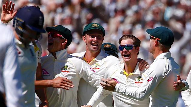 Australia captain Steve Smith celebrates with team mates after taking a catch to dismiss England's Dawid Malan. (REUTERS) Australia captain Steve Smith celebrates with team mates after taking a catch to dismiss England's Dawid Malan. (REUTERS)