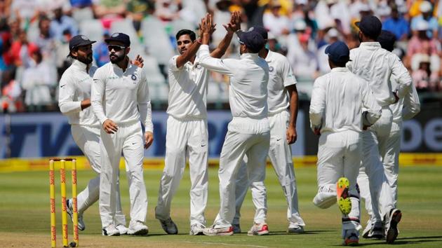 Bhuvneshwar Kumar is celebrated after dismissing South Africa batsman Aiden Markram. (AFP) Bhuvneshwar Kumar is celebrated after dismissing South Africa batsman Aiden Markram. (AFP)