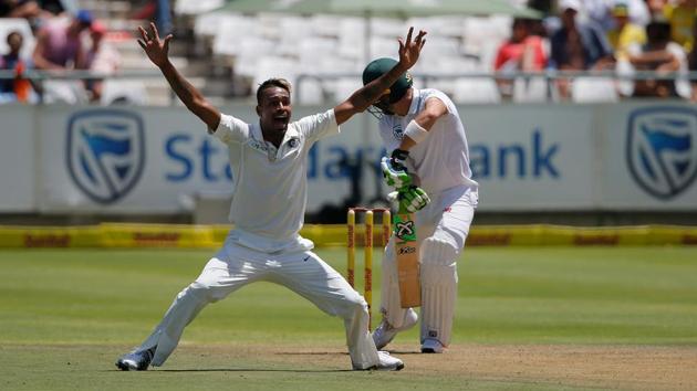 India bowler Hardik Pandya unsuccessfully appeals for a Leg Before Wicket (LBW). (AFP) India bowler Hardik Pandya unsuccessfully appeals for a Leg Before Wicket (LBW). (AFP)