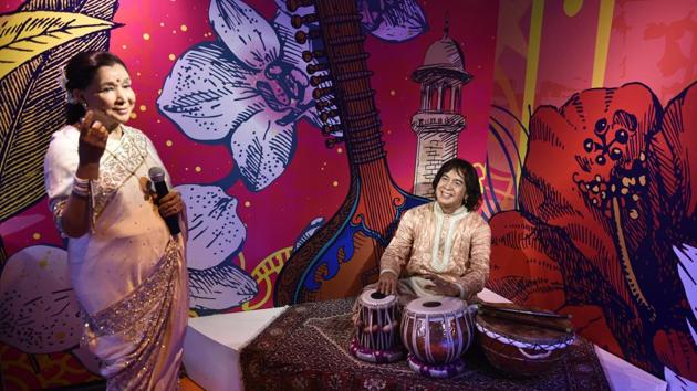 Figures of Asha Bhosle along with Zakir Hussain at Madame Tussauds wax musuem in Delhi. The first Madame Tussauds attraction was founded in 1835 on Baker Street in London. Operational for over 200 years, today it has 23 flagship sites globally. (Sanchit Khanna / HT Photo)