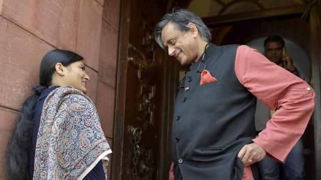 Congress MP Shashi Tharoor talks to MoS for Health Anupriya Patel outside the Parliament House. (PTI) Congress MP Shashi Tharoor talks to MoS for Health Anupriya Patel outside the Parliament House. (PTI)