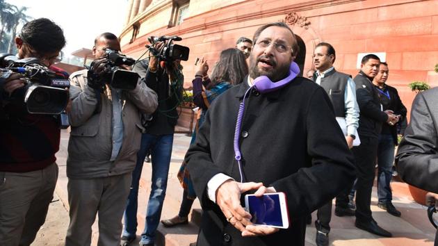 Union Minister for HRD Prakash Javadekar spotted using a mobile accessory shaped like a landline-receiver in order to avoid the harmful radiation released by mobile phones outside the Parliament in December. (Arvind Yadav / HT Photo) Union Minister for HRD Prakash Javadekar spotted using a mobile accessory shaped like a landline-receiver in order to avoid the harmful radiation released by mobile phones outside the Parliament in December. (Arvind Yadav / HT Photo)