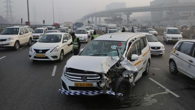 A car gets hit by another near the highway exit point for Cybercity, in Gurgaon. Experts say most accidents in the city happen because of faulty road design. (HT File Photo) A car gets hit by another near the highway exit point for Cybercity, in Gurgaon. Experts say most accidents in the city happen because of faulty road design. (HT File Photo)