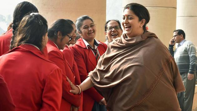Information and Broadcasting Minister Smriti Irani interacts with school girls in December. (Atul Yadav / PTI) Information and Broadcasting Minister Smriti Irani interacts with school girls in December. (Atul Yadav / PTI)