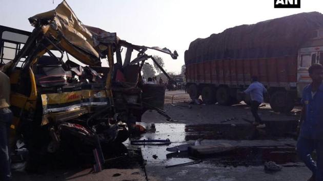 The school bus rammed into a truck at the Bicholi Hapsi bridge on Indore bypass road. (ANI/Twitter) The school bus rammed into a truck at the Bicholi Hapsi bridge on Indore bypass road. (ANI/Twitter)