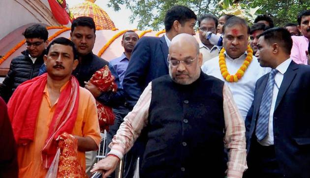 BJP president Amit Shah arrives at the Kamakhya temple in Guwahati on Saturday. (PTI)