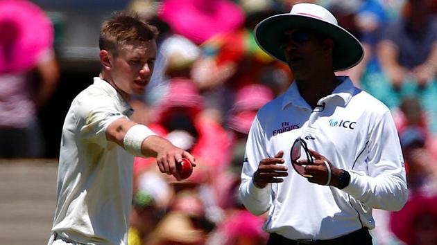 England's Mason Crane talks with umpire Kumar Dharmasena after he was called for a no-ball during the third day of the fifth Ashes Test match in Sydney. (REUTERS) England's Mason Crane talks with umpire Kumar Dharmasena after he was called for a no-ball during the third day of the fifth Ashes Test match in Sydney. (REUTERS)