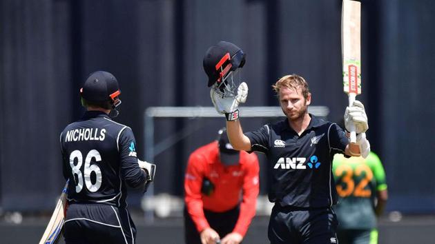 New Zealand captain Kane Williamson (R) celebrates 100 runs with teammate Henry Nicholls during the first One-Day International (ODI) against Pakistan at the Basin Reserve in Wellington on Saturday. (AFP) New Zealand captain Kane Williamson (R) celebrates 100 runs with teammate Henry Nicholls during the first One-Day International (ODI) against Pakistan at the Basin Reserve in Wellington on Saturday. (AFP)