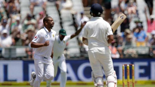 Vernon Philander sent back Cheteshwar Pujara for 26 as South Africa struck immediately after the lunch break. (AFP) Vernon Philander sent back Cheteshwar Pujara for 26 as South Africa struck immediately after the lunch break. (AFP)