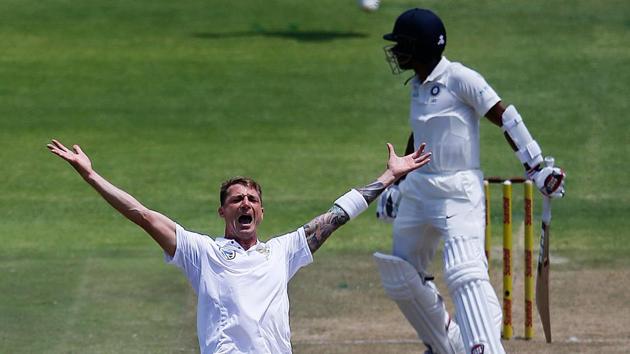 South Africa cricket team’s Dale Steyn celebrates after taking the wicket of Wriddhiman Saha of Indian cricket team during the second day of the first Freedom Series Test at Newlands Stadium on Saturday. (AFP) South Africa cricket team’s Dale Steyn celebrates after taking the wicket of Wriddhiman Saha of Indian cricket team during the second day of the first Freedom Series Test at Newlands Stadium on Saturday. (AFP)
