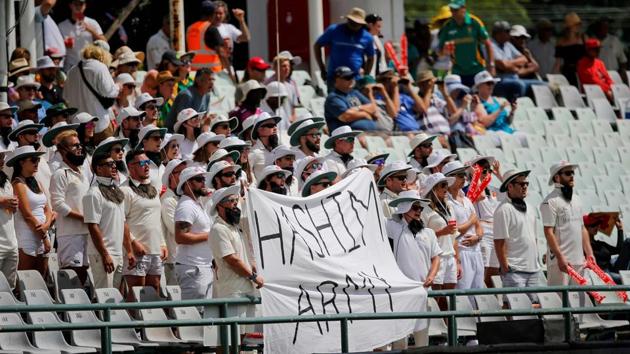 Hashim Amla’s army was in attendance as South Africa looked to take the remaining wickets and build a big lead. (AFP) Hashim Amla’s army was in attendance as South Africa looked to take the remaining wickets and build a big lead. (AFP)