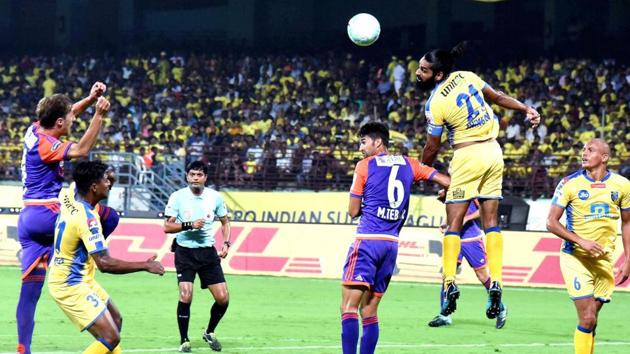 Kerala Blasters FC (yellow) drew 1-1 against FC Pune City in the Indian Super League in Kochi on Thursday. (PTI) Kerala Blasters FC (yellow) drew 1-1 against FC Pune City in the Indian Super League in Kochi on Thursday. (PTI)