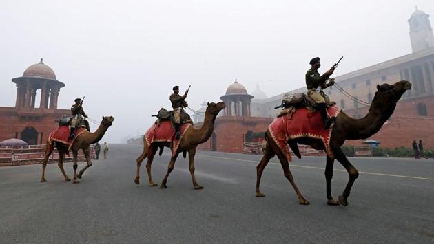 Members of the Indian Border Security Force (BSF) ride their camels during rehearsals for the Republic Day parade in New Delhi. (Saumya Khandelwal / REUTERS) Members of the Indian Border Security Force (BSF) ride their camels during rehearsals for the Republic Day parade in New Delhi. (Saumya Khandelwal / REUTERS)