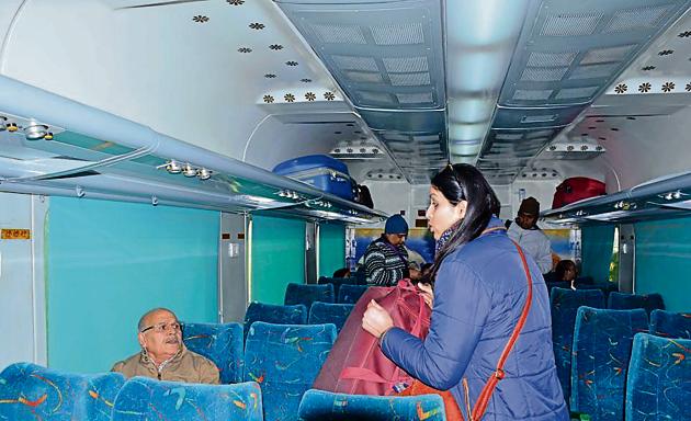 The revamped Shatabdi leaves for New Delhi at the Chandigarh railway station on Saturday. (Sant Arora/HT) The revamped Shatabdi leaves for New Delhi at the Chandigarh railway station on Saturday. (Sant Arora/HT)