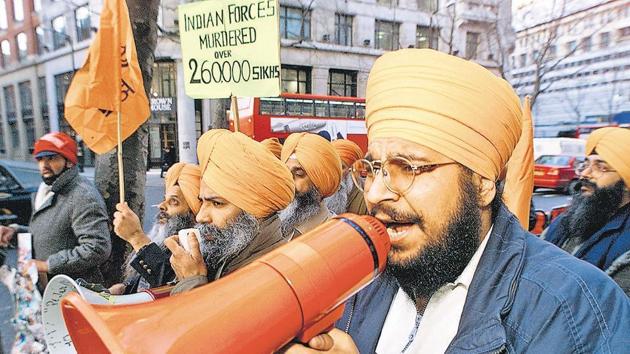 Sikh demonstrators shout slogans during a protest outside India House in London. (AFP File) Sikh demonstrators shout slogans during a protest outside India House in London. (AFP File)