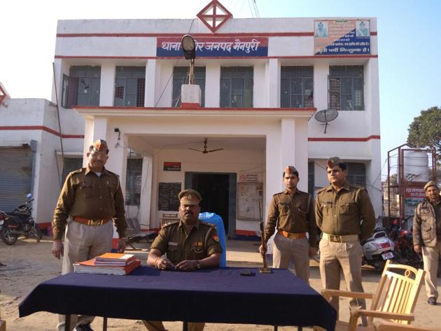 Ghiror police station personnel are a happy lot after the news came in. It is also a shot in the arm for Mainpuri police because the area is crime sensitive. (HT Photo) Ghiror police station personnel are a happy lot after the news came in. It is also a shot in the arm for Mainpuri police because the area is crime sensitive. (HT Photo)