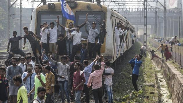 Rail Roko at Kangurmarg by Dalits activists, in Mumbai. Violence erupted in Pune district when Dalit groups were celebrating the bicentenary of the Bhima-Koregaon battle in which the forces of the British East India Company defeated the Peshwa’s army. Right-wing groups have been blamed for the clashes which left one person dead. (Satish Bate / HT Photo) Rail Roko at Kangurmarg by Dalits activists, in Mumbai. Violence erupted in Pune district when Dalit groups were celebrating the bicentenary of the Bhima-Koregaon battle in which the forces of the British East India Company defeated the Peshwa’s army. Right-wing groups have been blamed for the clashes which left one person dead. (Satish Bate / HT Photo)