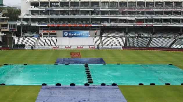 Persistent rain washed out the entire third day of the first Test between South Africa and India at Newlands Stadium in Cape Town. Get highlights of India vs South Africa, 1st Test, here. (REUTERS) Persistent rain washed out the entire third day of the first Test between South Africa and India at Newlands Stadium in Cape Town. Get highlights of India vs South Africa, 1st Test, here. (REUTERS)