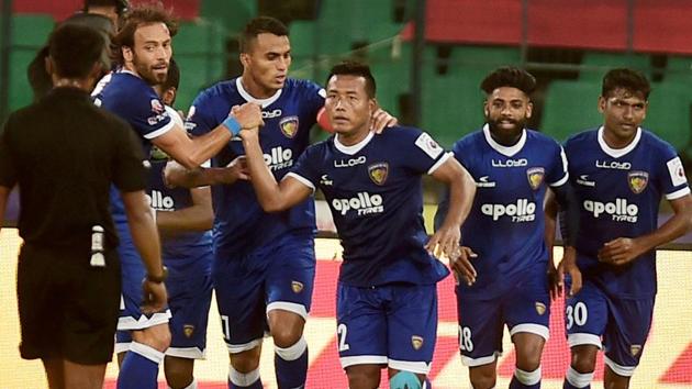 Chennaiyin FC’s Jeje Lalpekhlua celebrates with teammates after scoring against Delhi Dynamos FC during their Indian Super League (ISL) match in Chennai on Sunday. (PTI) Chennaiyin FC’s Jeje Lalpekhlua celebrates with teammates after scoring against Delhi Dynamos FC during their Indian Super League (ISL) match in Chennai on Sunday. (PTI)