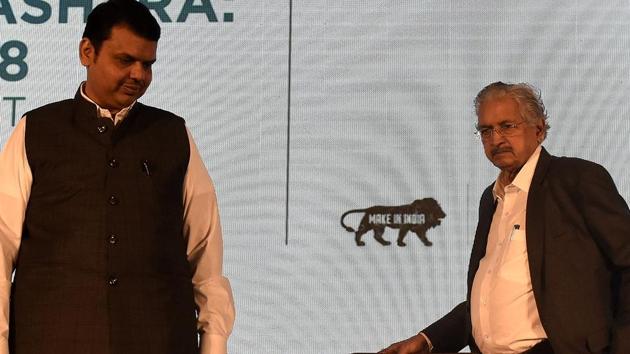 Maharashtra CM Devendra Fadnavis and MLA Subash Desai at a curtain raiser for Magnetic Maharastra in Nariman Point on Saturday. (Anshuman Poyrekar/HT) Maharashtra CM Devendra Fadnavis and MLA Subash Desai at a curtain raiser for Magnetic Maharastra in Nariman Point on Saturday. (Anshuman Poyrekar/HT)