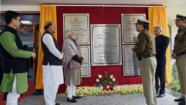 Prime Minister Narendra Modi at the Annual Conference of DGPs and IGPs at the BSF Academy, at Tekanpur, Madhya Pradesh on Sunday. Union home minister Rajnath Singh and MoS home affairs Kiren Rijiju is also seen.(PTI Photo)