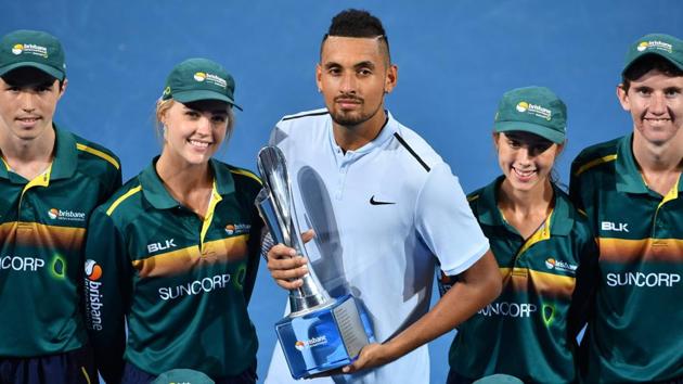 Nick Kyrgios defeated Ryan Harrison 6-4, 6-2 to win the Brisbane International tennis title.(AFP)