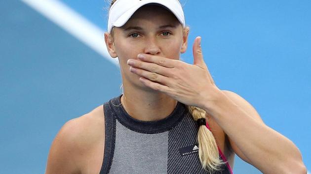 Caroline Wozniacki acknowledges the fans while celebrating after beating Sachia Vickery of the US in the semifinals of the WTA Auckland Classic tennis tournament in Auckland on Saturday. (AFP) Caroline Wozniacki acknowledges the fans while celebrating after beating Sachia Vickery of the US in the semifinals of the WTA Auckland Classic tennis tournament in Auckland on Saturday. (AFP)