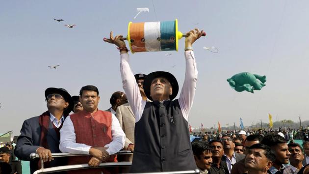 Gujarat chief minister Vijay Rupani flies a kite during the inauguration of the 29th International Kite Festival in Ahmedabad on Sunday. This state government-sponsored festival will culminate on January 14, which is celebrated as Makar Sankranti. (PTI)