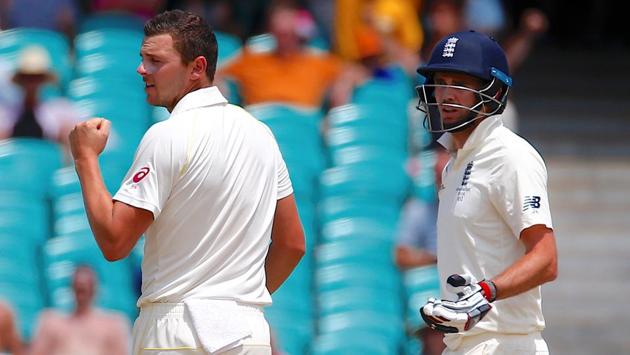 The win was confirmed when Josh Hazlewood (L) dismissed James Anderson to end England’s brief resistance. (REUTERS) The win was confirmed when Josh Hazlewood (L) dismissed James Anderson to end England’s brief resistance. (REUTERS)