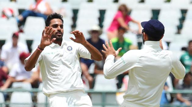 Bhuvneshwar Kumar took the wickets of Keshav Maharaj and Morne Morkel as South Africa were bowled out for 130, setting India a target of 208.  (BCCI ) 