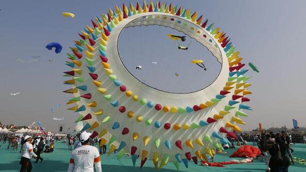 Kite flyers from across the country and abroad are participating in the 29th iteration of the international kite festival that kicked off in Ahmedabad, Gujarat on Sunday. Uttarayan, the kite festival is held annually on the city’s Sabarmati riverfront. (Ajit Solanki / AP)