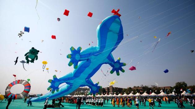 Enthusiasts launch kites of various shapes and sizes on the first day of the eight-day-long festival. Rupani said the festival will boost the state’s kite industry which employs around 3 lakh people, adding that such festivals are gaining international popularity and also helping in tourism in the state. (Amit Dave / REUTERS)