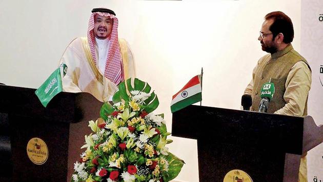 Saudi Arabia's Haj and Umrah minister Dr Mohammad Saleh bin Taher Benten speaks while India's Minister of Minority Affairs Mukhtar Abbas Naqvi looks on during the signing of the bilateral Haj Agreement signing between India and Saudi Arabia, in Makkah on Sunday. (PTI Photo) Saudi Arabia's Haj and Umrah minister Dr Mohammad Saleh bin Taher Benten speaks while India's Minister of Minority Affairs Mukhtar Abbas Naqvi looks on during the signing of the bilateral Haj Agreement signing between India and Saudi Arabia, in Makkah on Sunday. (PTI Photo)