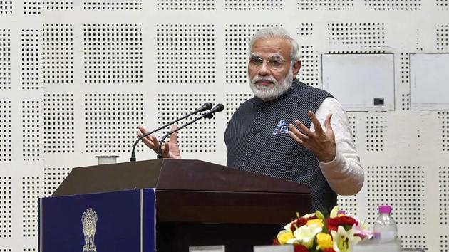 Prime Minister Narendra Modi delivers a speech at a valedictory ceremony at DGP/IGP conference at Tekanpur. (PTI Photo) Prime Minister Narendra Modi delivers a speech at a valedictory ceremony at DGP/IGP conference at Tekanpur. (PTI Photo)
