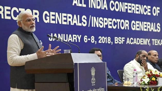 Prime Minister Narendra Modi delivers a speech at a valedictory ceremony at DGP/IGP conference at Tekanpur on Monday. (PTI)