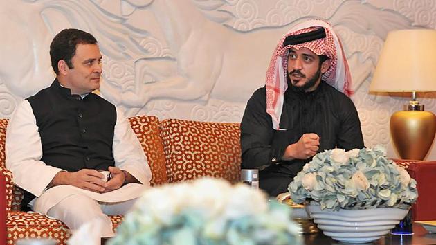 Congress president Rahul Gandhi with Prince Shaikh Khalid bin Hamad Al Khalifa at the Al Wadi Palace, Bahrain. (PTI Photo) Congress president Rahul Gandhi with Prince Shaikh Khalid bin Hamad Al Khalifa at the Al Wadi Palace, Bahrain. (PTI Photo)